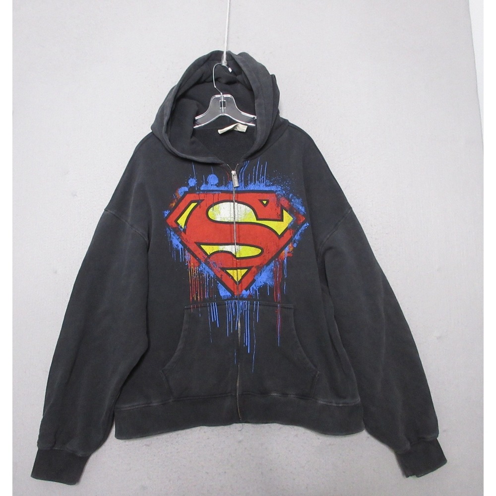 YoungLA Superman Hoodie Men XL Black Wash Full Zip Heavy Weight Comics Graphic‎